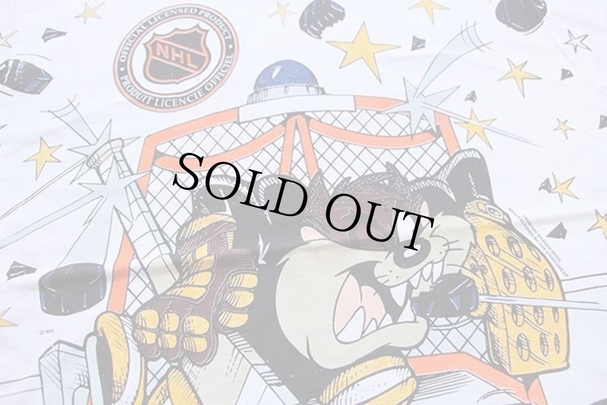 画像3:  デッドストック★90s USA製 NHL ST.LOUIS BLUES タズマニアンデビル 両面 染み込みプリント コットンTシャツ 白 L (3)