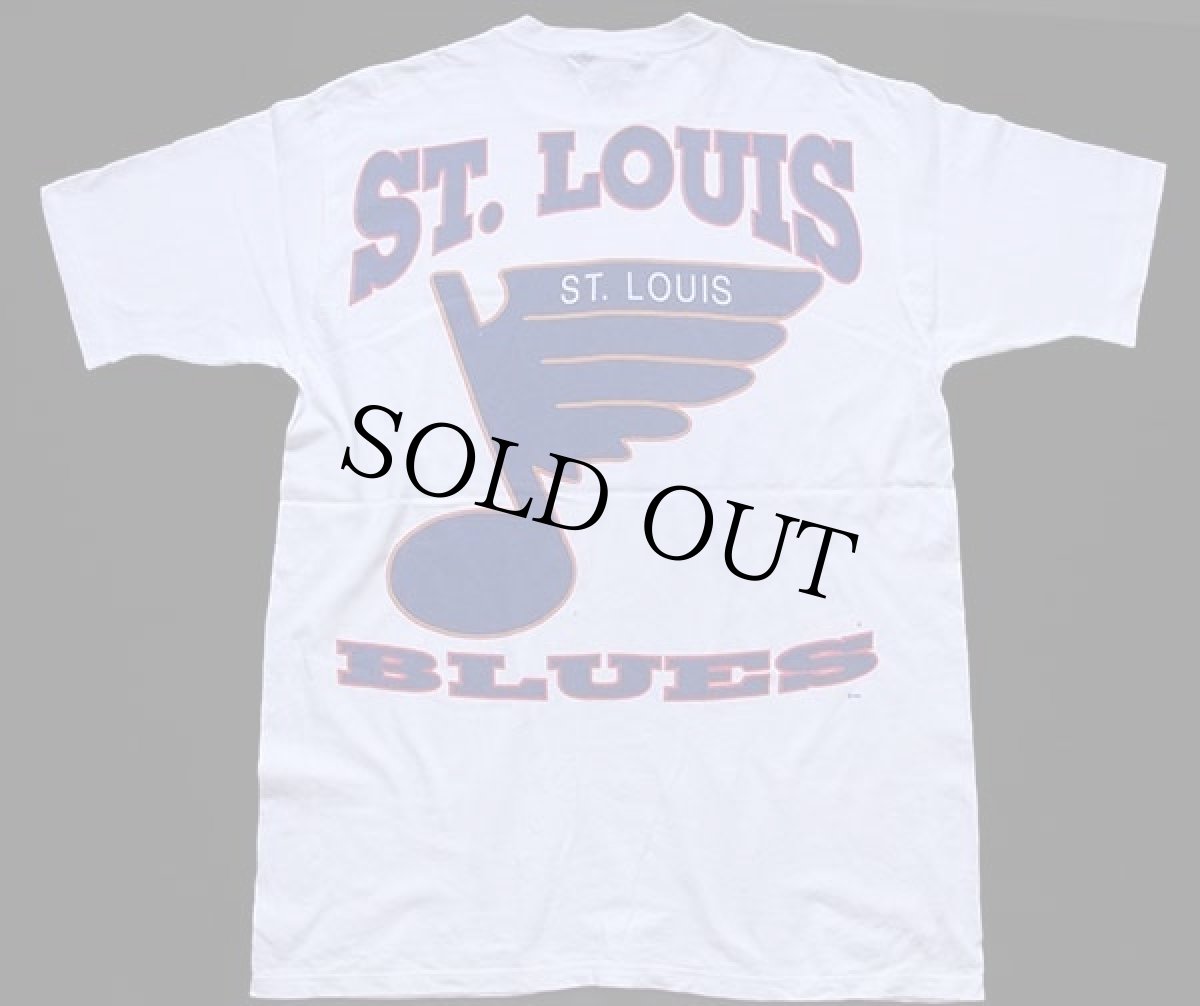 画像2:  デッドストック★90s USA製 NHL ST.LOUIS BLUES タズマニアンデビル 両面 染み込みプリント コットンTシャツ 白 L (2)
