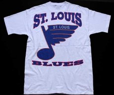 画像2:  デッドストック★90s USA製 NHL ST.LOUIS BLUES タズマニアンデビル 両面 染み込みプリント コットンTシャツ 白 L (2)