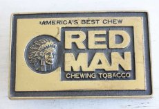 画像1: ビンテージ RED MAN CHEWING TOBACCO インディアンヘッド ブラス バックル★ベルト (1)