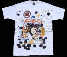 画像1:  デッドストック★90s USA製 NHL ST.LOUIS BLUES タズマニアンデビル 両面 染み込みプリント コットンTシャツ 白 L (1)