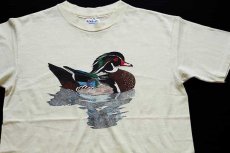 画像1: 80s USA製 Hanes アメリカオシ 染み込みプリント アート コットンTシャツ 薄黄 M (1)