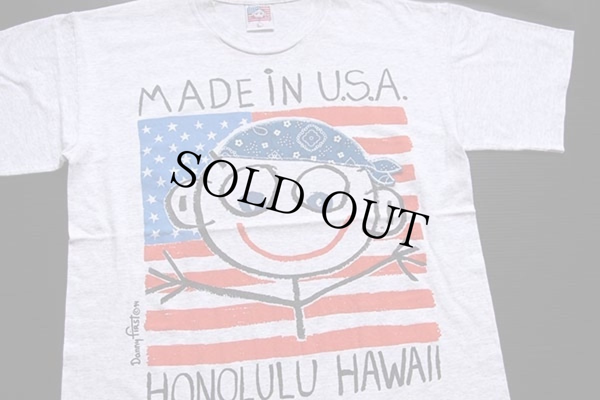 画像1: 90s USA製 Danny first HONOLULU HAWAII 星条旗 バンダナ アート コットンTシャツ 杢ライトグレー L (1)