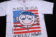画像1: 90s USA製 Danny first HONOLULU HAWAII 星条旗 バンダナ アート コットンTシャツ 杢ライトグレー L (1)