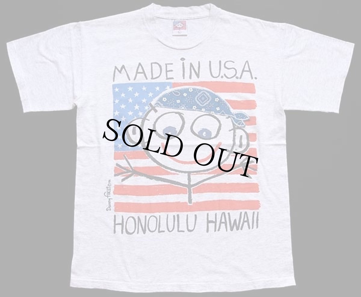 画像2: 90s USA製 Danny first HONOLULU HAWAII 星条旗 バンダナ アート コットンTシャツ 杢ライトグレー L (2)