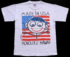 画像2: 90s USA製 Danny first HONOLULU HAWAII 星条旗 バンダナ アート コットンTシャツ 杢ライトグレー L (2)
