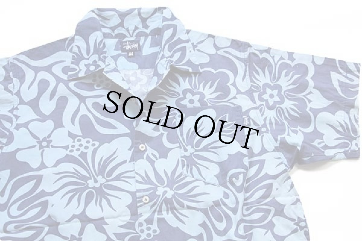 画像3: 80s USA製 STUSSYステューシー ハイビスカス 総柄 半袖 コットンシャツ M (3)