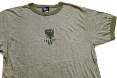 画像1: 80s USA製 STUSSYステューシー 2枚タグ 三段中抜き ドラゴン リンガーTシャツ 杢オリーブ S (1)