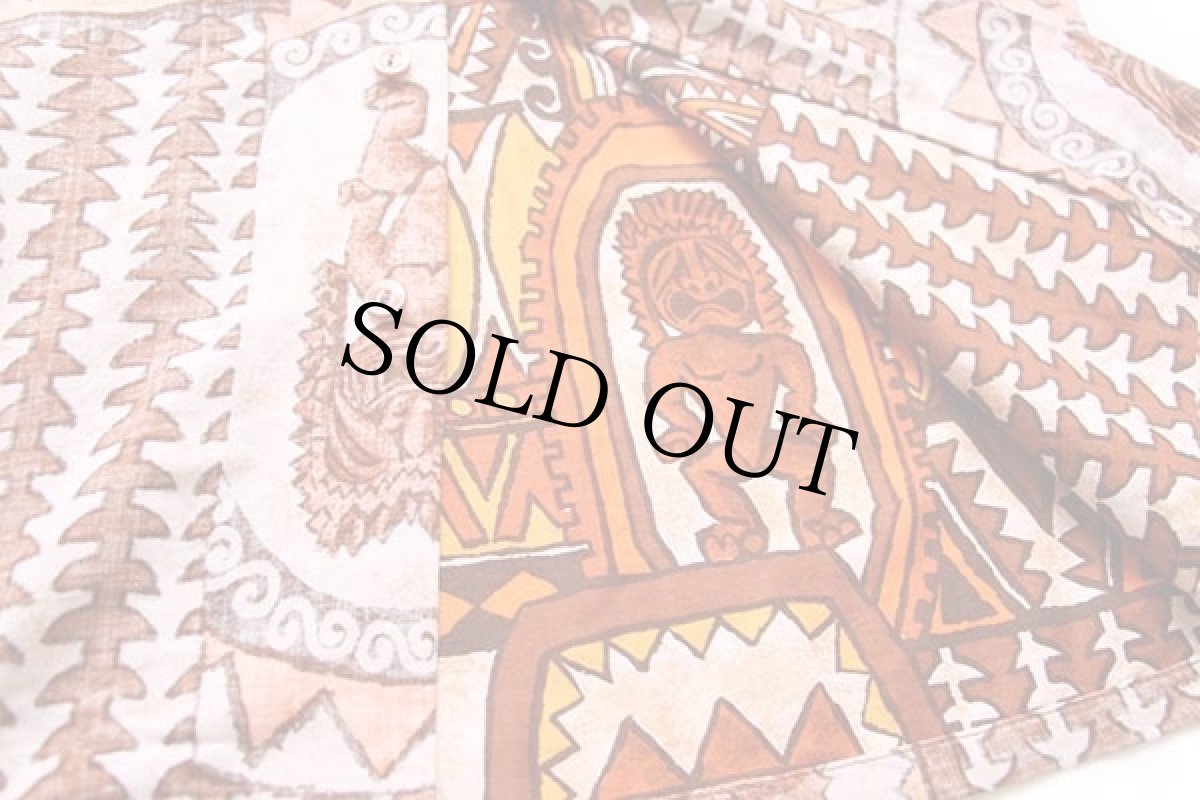 画像6: 70s GO BaReFOOT Tiki ティキ 総柄 裏生地 コットン アロハシャツ S (6)