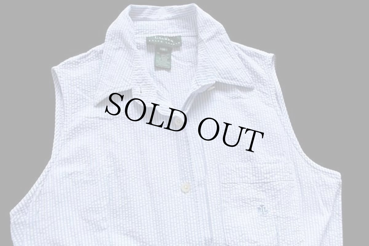 画像4: LAUREN ラルフローレン マキシ丈 ノースリーブ コットン シアサッカー ワンピース サックス×ホワイト 10 (4)