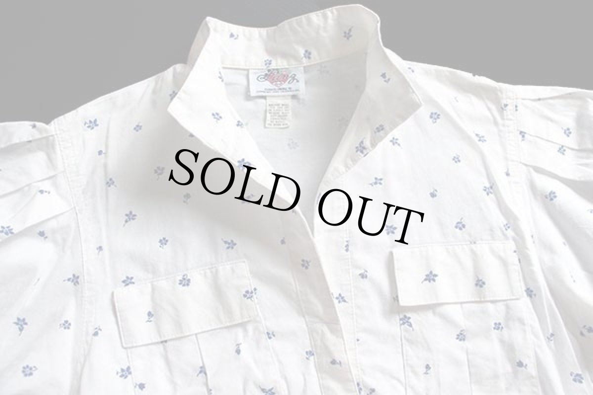 画像4: 70s Lanz 小花柄 総柄 スタンドカラー パフスリーブ 七分袖 コットン ワンピース 白 (4)