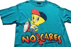 画像1: 90s USA製 WARNER BROS LOONEY TUNES TWEETYトゥイーティー NO CARES コットンTシャツ エメラルドグリーン M (1)