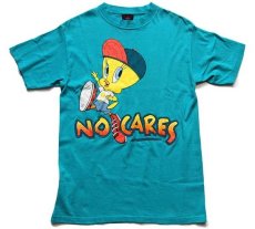 画像2: 90s USA製 WARNER BROS LOONEY TUNES TWEETYトゥイーティー NO CARES コットンTシャツ エメラルドグリーン M (2)