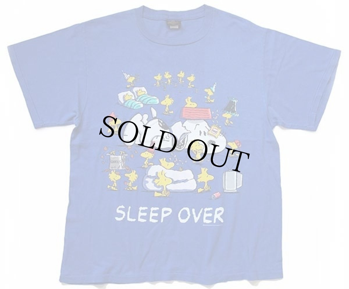 画像2: 90s USA製 スヌーピー ウッドストック SLEEP OVER コットンTシャツ 青 L (2)