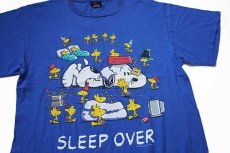 画像1: 90s USA製 スヌーピー ウッドストック SLEEP OVER コットンTシャツ 青 L (1)