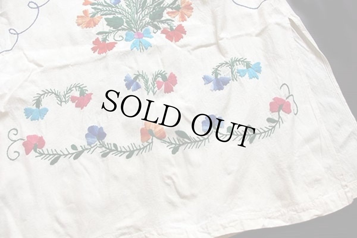 画像6: メキシコ 花柄刺繍 マキシ丈 コットン チュニック ワンピース 生成り (6)