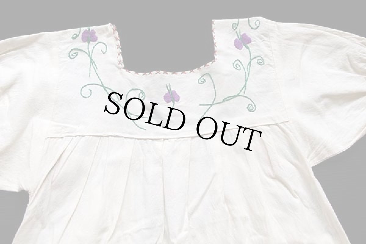 画像7: メキシコ 花柄刺繍 マキシ丈 コットン チュニック ワンピース 生成り (7)