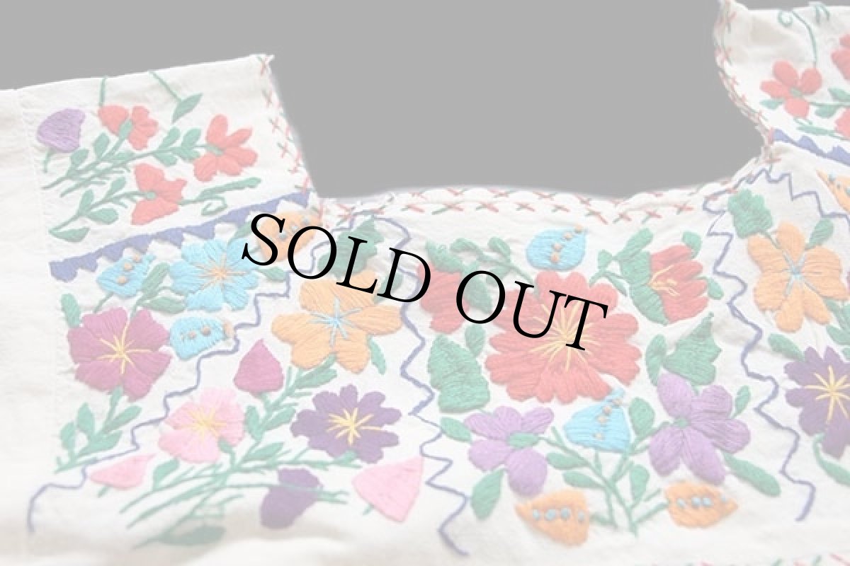 画像4: メキシコ 花柄刺繍 マキシ丈 コットン チュニック ワンピース 生成り (4)