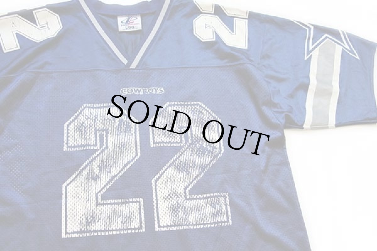 画像3: 90s USA製 NFL COWBOYS E.SMITH 22 ナンバリング ナイロン メッシュ フットボール ゲームシャツ 紺 L (3)