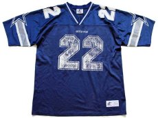 画像1: 90s USA製 NFL COWBOYS E.SMITH 22 ナンバリング ナイロン メッシュ フットボール ゲームシャツ 紺 L (1)