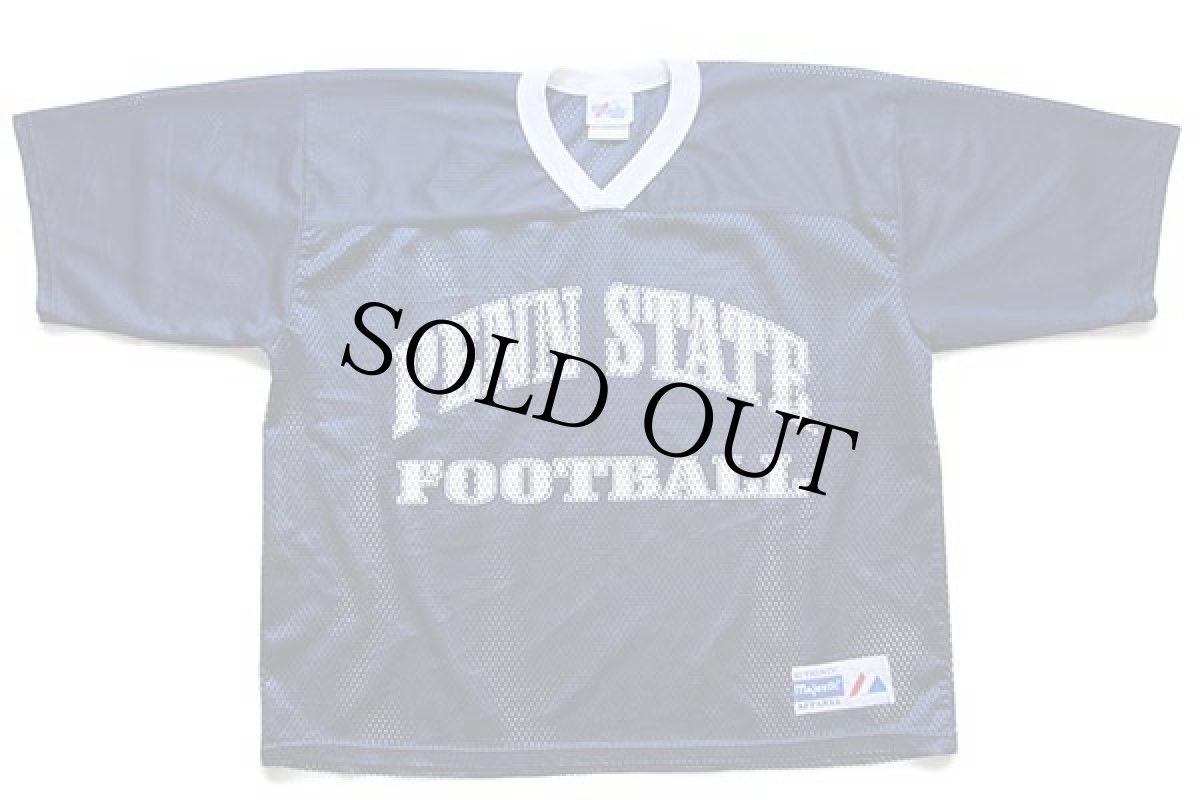 画像1: 90s USA製 Majestic PENN STATE FOOTBALL ショート丈 ナイロン メッシュTシャツ 紺 L★ゲームシャツ (1)