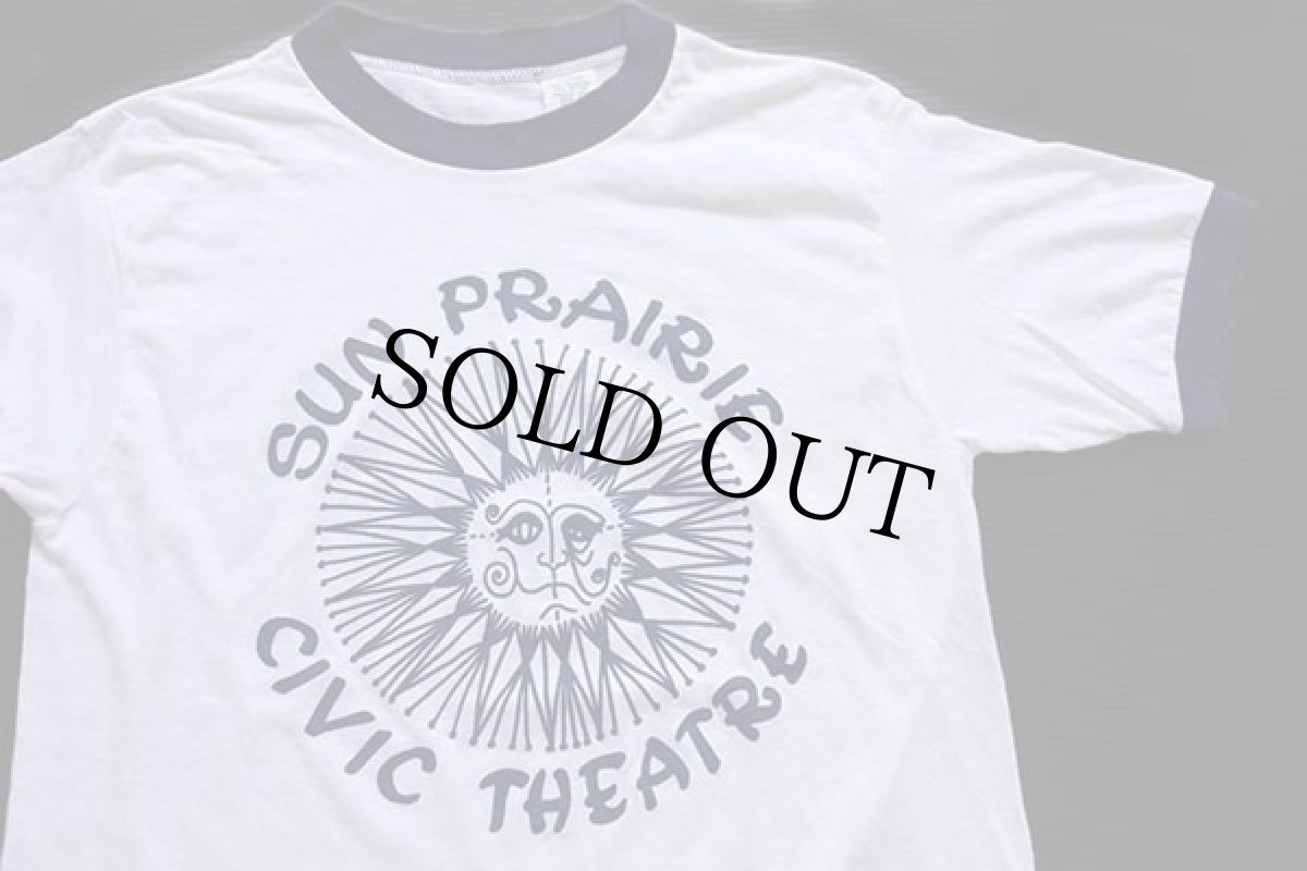 画像1: 80s USA製 SUN PRAIRIE CIVIC THEATRE 染み込みプリント アート リンガーTシャツ 白×紺 M (1)