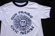 画像1: 80s USA製 SUN PRAIRIE CIVIC THEATRE 染み込みプリント アート リンガーTシャツ 白×紺 M (1)