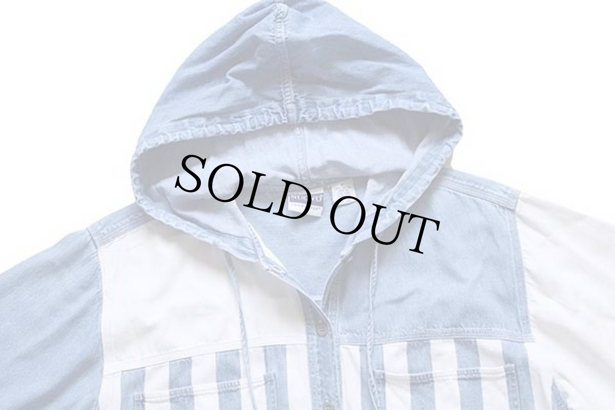 画像3: 90s NUOVO ストライプ 切り替え クレイジーパターン デニムシャツパーカー M (3)