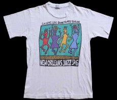 画像1: 90s USA製 NEW ORLEANS JAZZ 96 両面プリント アート コットンTシャツ ボロ 白 M (1)