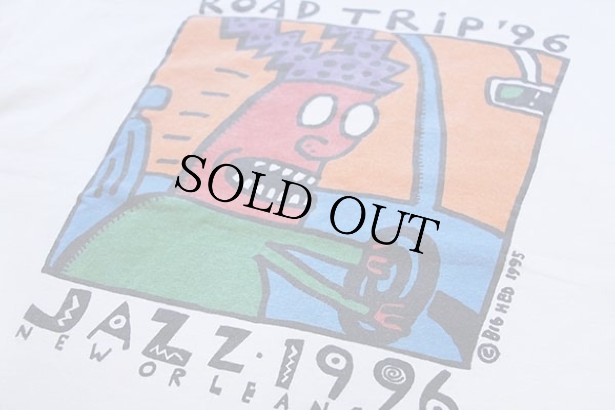 画像3: 90s USA製 ROAD TRIP JAZZ 1996 両面プリント アート コットンTシャツ ボロ 白 L (3)