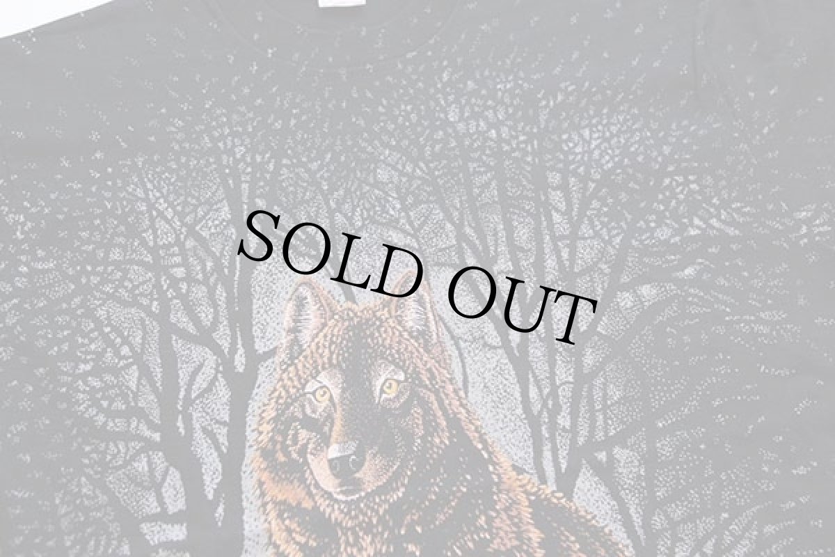 画像3: 90s USA製 ウルフ オールオーバープリント アート コットンTシャツ 黒 L (3)