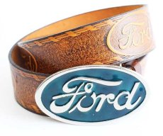 画像1: 00s Fordフォード ロゴ バックル 型押し レザーベルト 茶 (1)