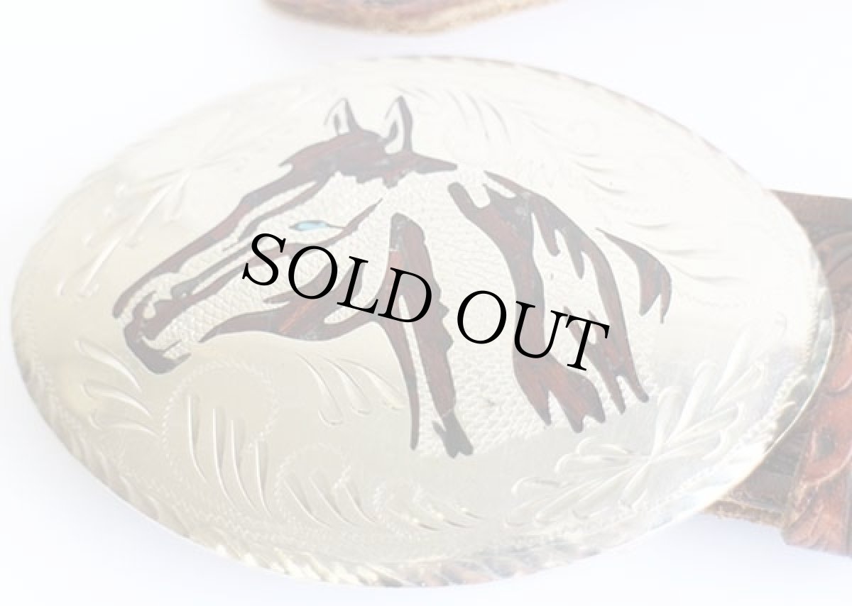 画像2: UNKNOWN 馬 彫刻 バックル カービング レザーベルト 茶 40★1396 (2)