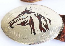 画像2: UNKNOWN 馬 彫刻 バックル カービング レザーベルト 茶 40★1396 (2)