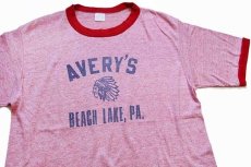 画像1: 80s AVERY'S BEACH LAKE,PA. インディアンヘッド 染み込みプリント リンガーTシャツ 杢レッド (1)