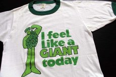 画像1: 70s USA製 I feeL Like a GIANT today グリーンジャイアント 染み込みプリント リンガーTシャツ 白×緑 L (1)