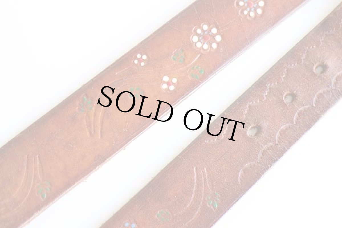 画像4: 70s 花柄 カービング ペイント レザーベルト 茶 32★1400 (4)