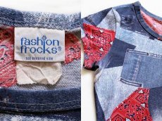 画像3: 70s fashion frocks デニム×バンダナ柄 パッチワークプリント Tシャツ M (3)