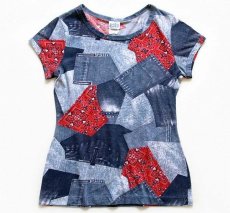 画像1: 70s fashion frocks デニム×バンダナ柄 パッチワークプリント Tシャツ M (1)