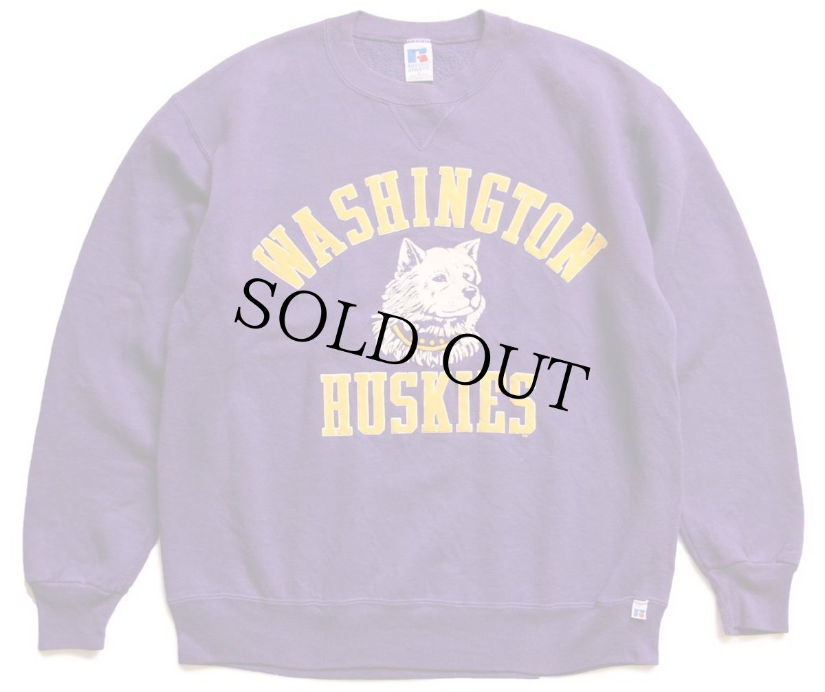 画像1: 90s USA製 RUSSELLラッセル WASHINGTON HUSKIES 発泡プリント 前V スウェット 紫 L (1)