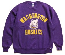 画像1: 90s USA製 RUSSELLラッセル WASHINGTON HUSKIES 発泡プリント 前V スウェット 紫 L (1)