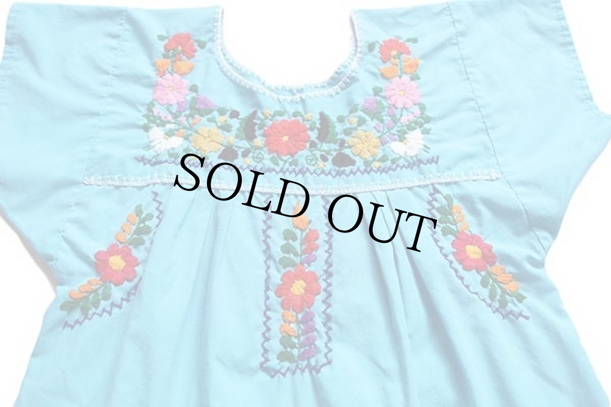 画像3: メキシコ 花柄刺繍 チュニック ワンピース ターコイズ (3)