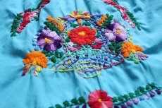 画像5: メキシコ 花柄刺繍 チュニック ワンピース ターコイズ (5)