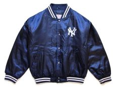 画像1: 90s MLB New York Yankees ニューヨーク ヤンキース キルティングライナー ナイロンスタジャン 紺 キッズM (1)