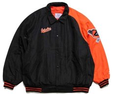 画像1: 90s USA製 STARTERスターター MLB Orioles パッチ付き ツートン 切り替え 中綿入り ナイロンスタジャン 黒×オレンジ XXL (1)