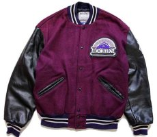 画像1: 90s USA製 DeLONGデロング MLB ROCKIES パッチ付き キルティングライナー メルトン ウール 袖革スタジャン 紫×黒L (1)