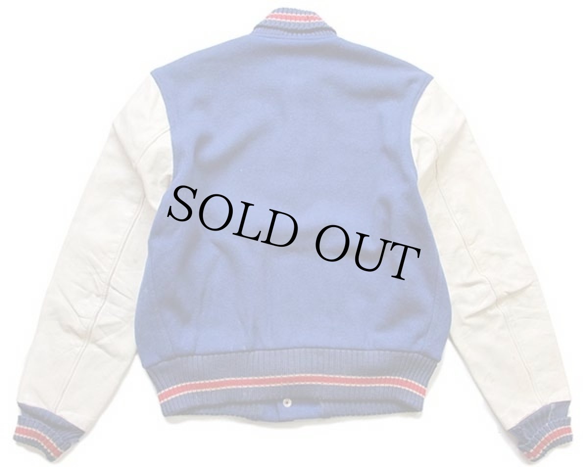 画像2: 60s Tulare Western Varsity Football チェーン刺繍 メルトン ウール 袖革スタジャン ボロ 青×白 40 (2)