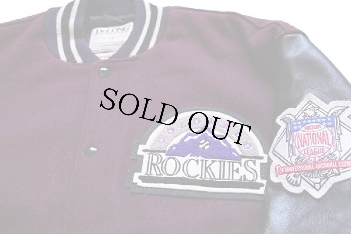 画像3: 90s USA製 DeLONGデロング MLB ROCKIES パッチ付き キルティングライナー メルトン ウール 袖革スタジャン 紫×黒L (3)