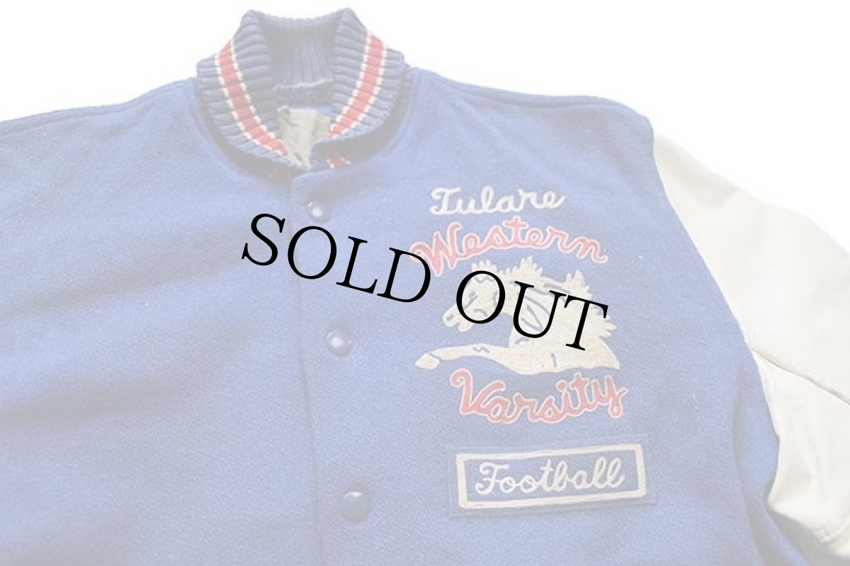 画像3: 60s Tulare Western Varsity Football チェーン刺繍 メルトン ウール 袖革スタジャン ボロ 青×白 40 (3)