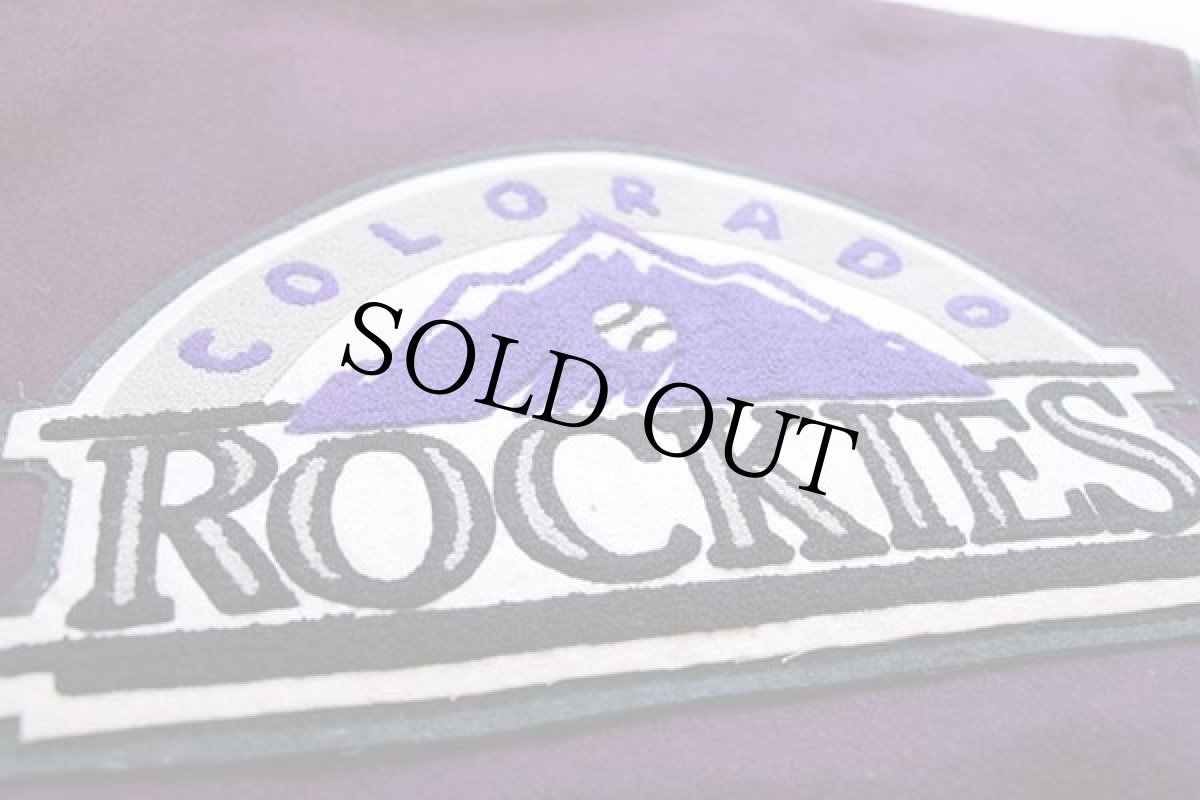 画像4: 90s USA製 DeLONGデロング MLB ROCKIES パッチ付き キルティングライナー メルトン ウール 袖革スタジャン 紫×黒L (4)